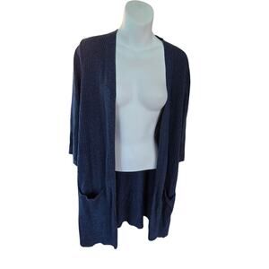 Catherines Cardigan Size 0X Open Front 3/4 Sleeves Blue Patterned Stretch